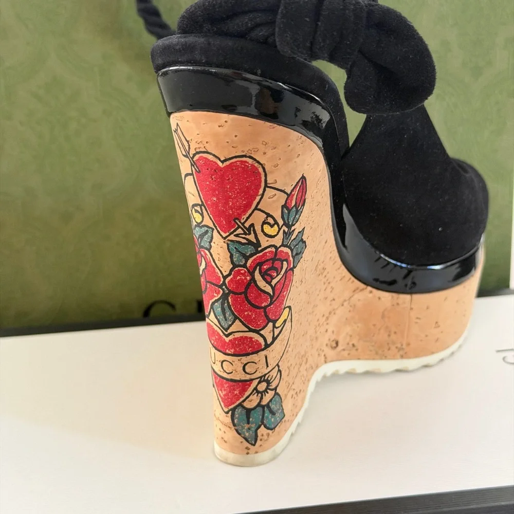 Gucci Black Suede Peep-Toe Cork Wedge Sandals